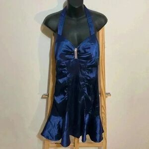 Kiki halter tie prom bodycon mini dress made in the USA,blue size medium